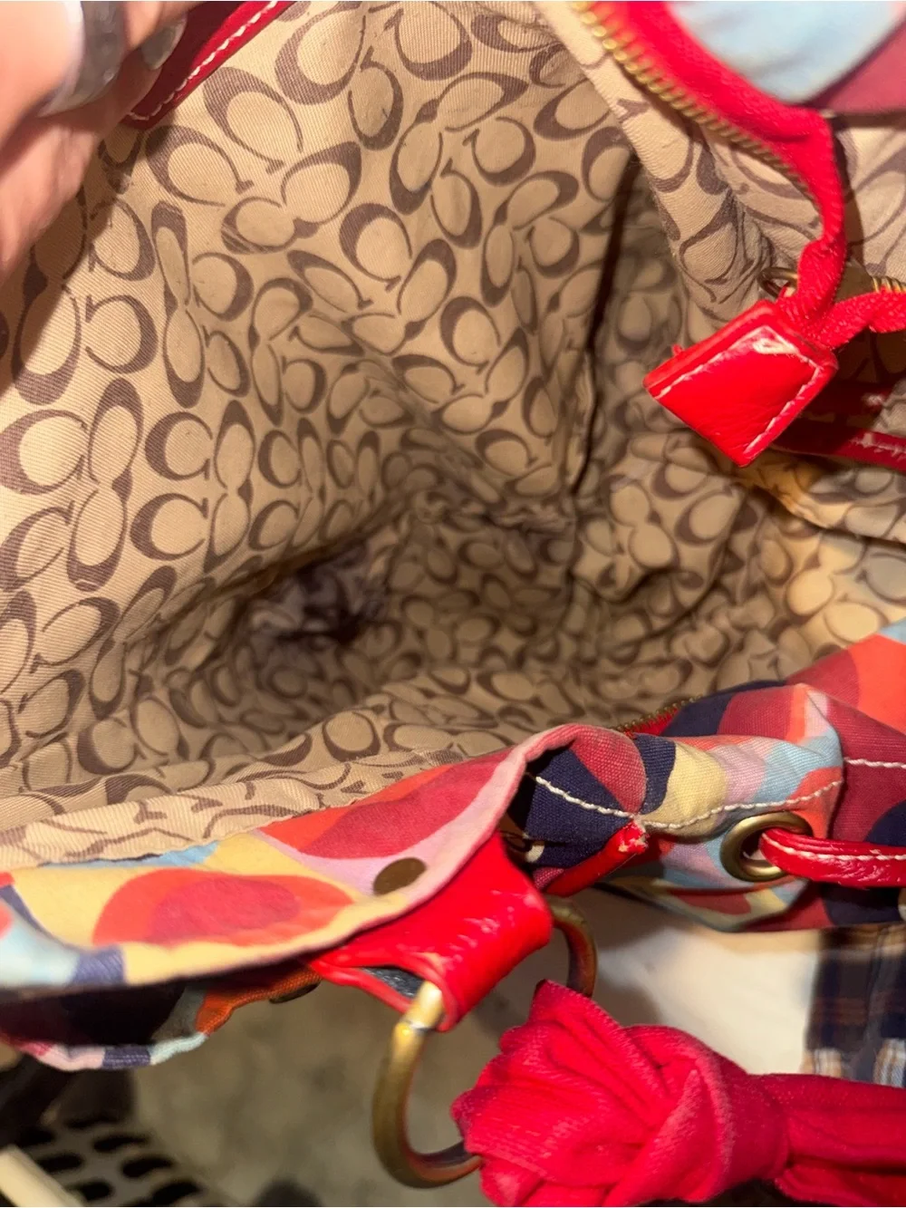 Coach Multicolor Pattern Shoulder Bag with Red Leather Trim